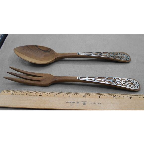 Wooden Salad Serving Fork and Spoon Set with Silver Embellishments Vintage MCM - Picture 3 of 7